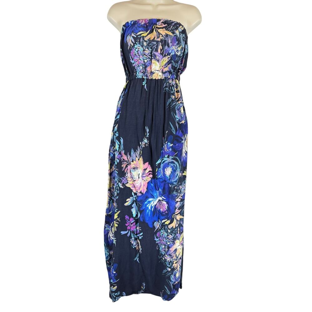 VTG Navy blue floral‎ large y2k maxi dress tropical cottage coquette strapless - Picture 2 of 13